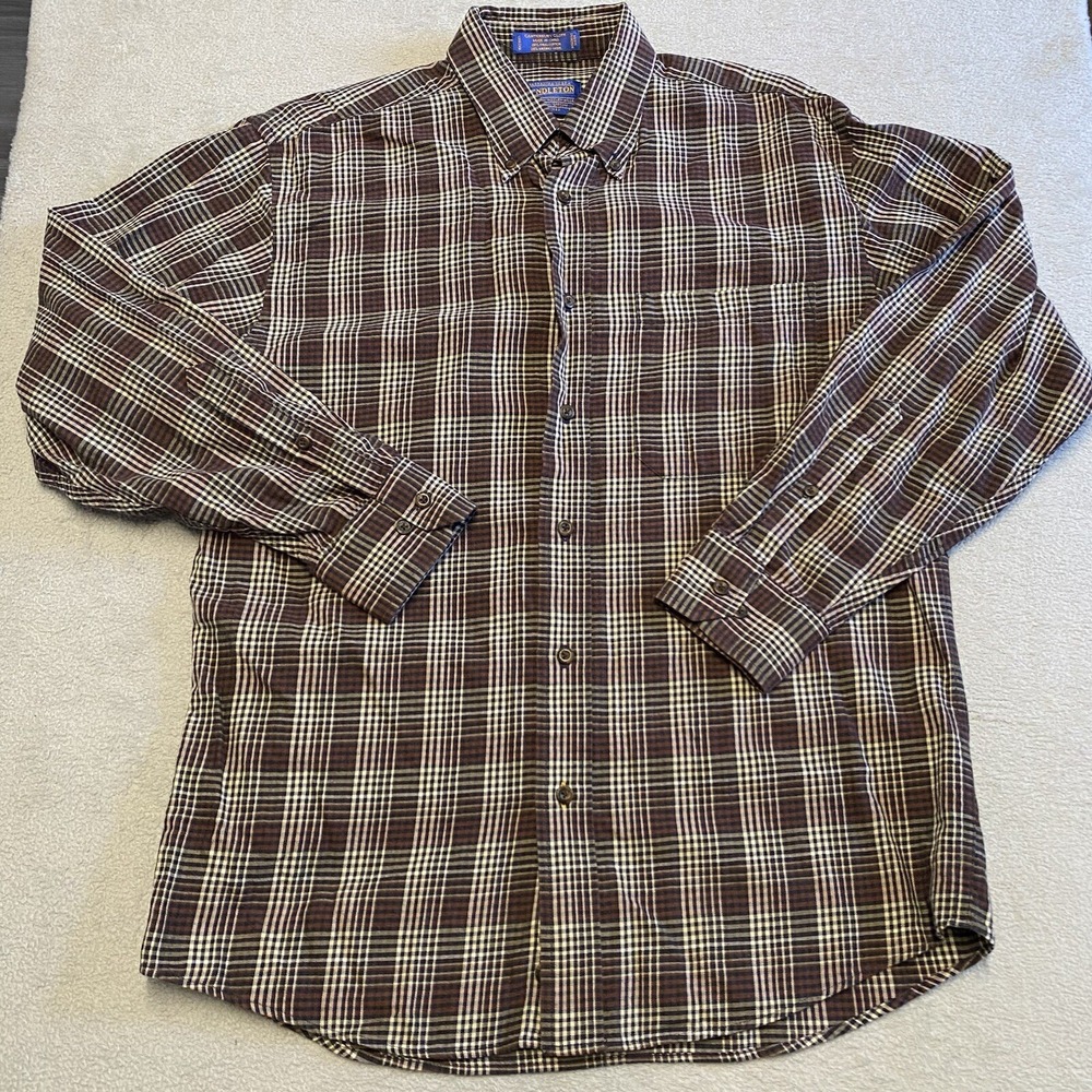 Pendleton Shirt Men's Medium Plaid Merino Wool Pima Blend Outdoors Canterbury